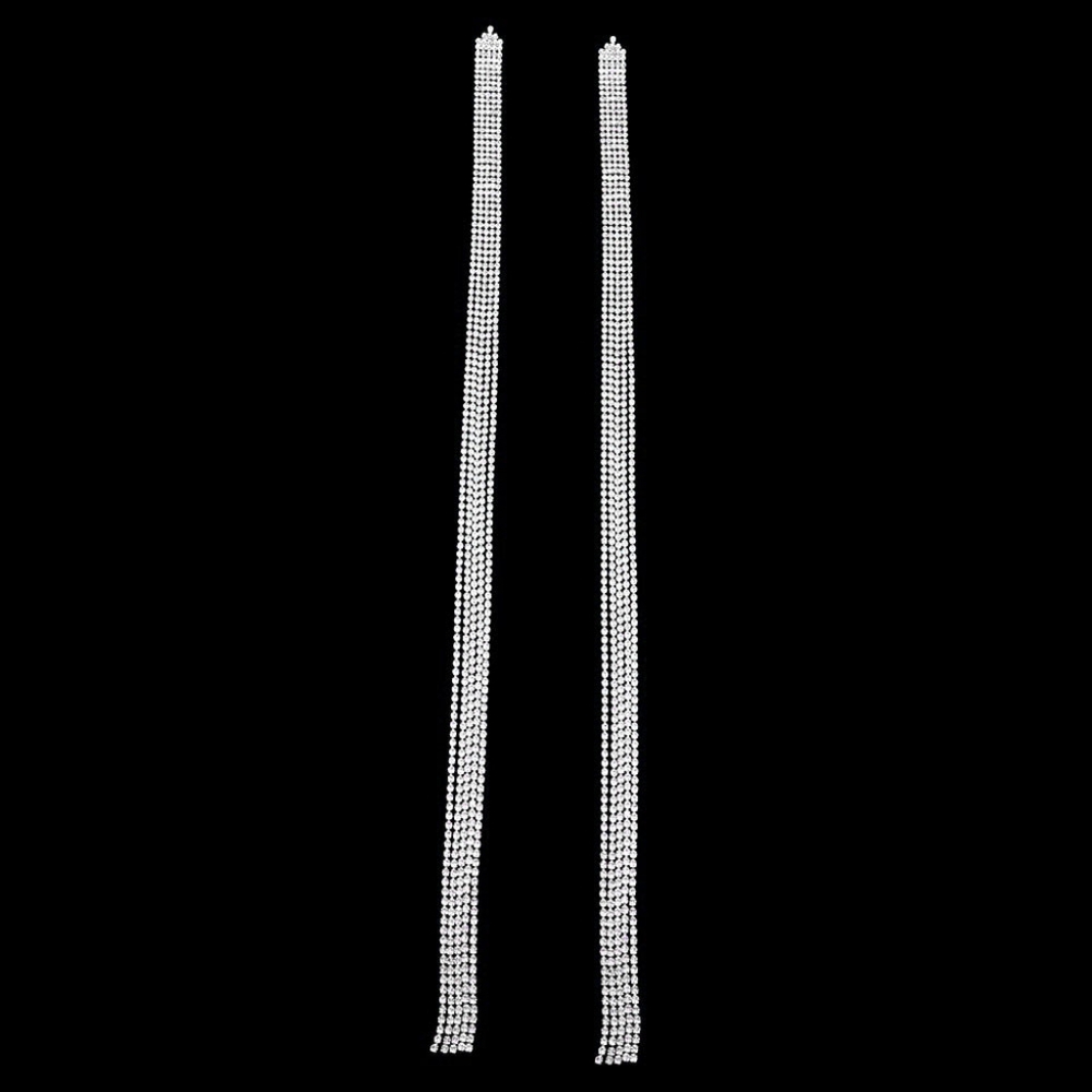Silver Extra Long Fringe Crystal Dangle Earrings Tassel Evening Accessory
